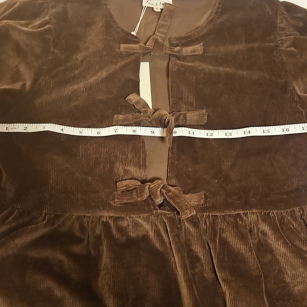 Aeron & Amber Brown Velvet Mini Dress Bow Tie Front Cottagecore Boho S - Picture 3 of 9